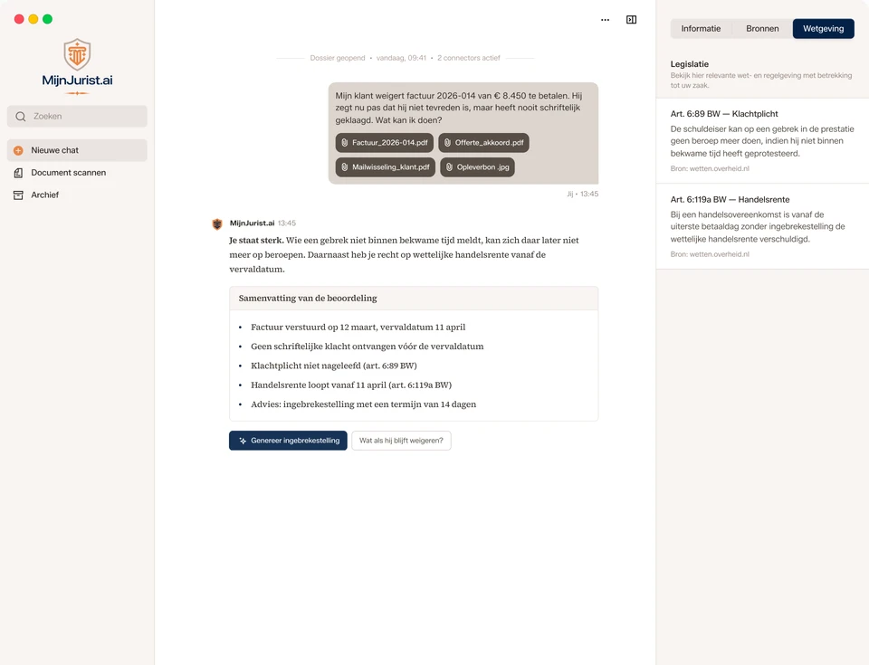 Het MijnJurist-platform: een dossier over een onbetaalde factuur, met de beoordeling, een samenvatting en de relevante wetsartikelen.