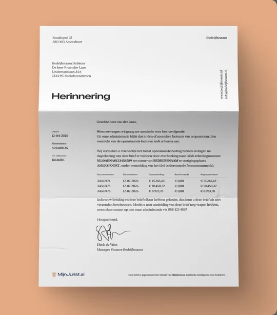 Een herinneringsbrief op MijnJurist-briefpapier.