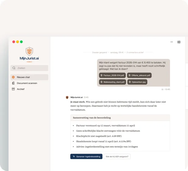 Gesprek in MijnJurist: een ondernemer vraagt wat te doen nu een klant factuur 2026-014 van € 8.450 niet betaalt. MijnJurist antwoordt dat de klant te laat heeft geklaagd (art. 6:89 BW), dat handelsrente loopt (art. 6:119a BW) en raadt een ingebrekestelling met 14 dagen termijn aan.