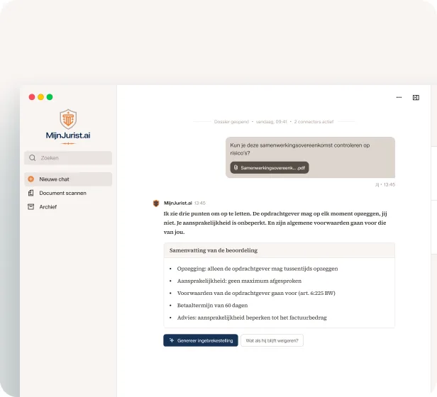 Gesprek in MijnJurist: een ondernemer uploadt een samenwerkingsovereenkomst en vraagt om een controle op risico’s. MijnJurist noemt drie punten: alleen de opdrachtgever mag opzeggen, de aansprakelijkheid is onbeperkt en de voorwaarden van de opdrachtgever gaan voor (art. 6:225 BW).